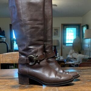 CHOCOLATE BROWN COACH CAROLINA TALL RIDING BOOTS WITH HARNESS BUCKLE DETAIL